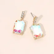 AB Small Crystal Rectangle Pageant & Formal Earrings on Gold | 714595