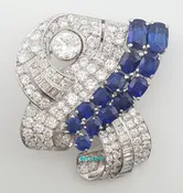 Antique Art Deco Diamond Sapphire Brooch 4.1 ct Plat & 18K Gold 1.4"