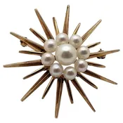 14K Yellow Gold Pearl Sunburst Brooch Pin