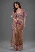 Antique Metallic Gold Tissue Fine Weaving Saree with Contrast Magenta Scalloped Cutdana Border and Embellished Blouse