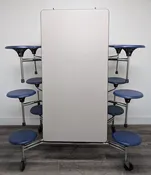 10ft Cafeteria Lunch Table w/ 12 Stool Seat, Gray Top, Navy Blue Seat, Adult Size (RF)