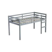 Grijs tweepersoons hoogslaper van rubberhout met verstevigde lattenbodem, lage hoogte