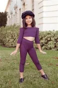 Girls Plum Ribbed Off-Shoulder Crop Top