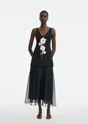 3D Peony Embroidered Faille V-Neck Dress