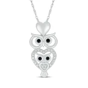 Black & White Diamond Stacked Owl & Hearts Necklace 1/10 ct tw Sterling Silver 18"