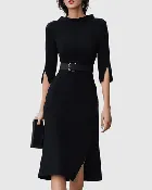 Belted Midi Dress – High Neck, Split Sleeves, Formal (Plus Size Available)