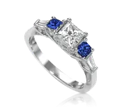 Princess Cut Diamond Ring with Sapphire Sides &amp;amp; Baguette Accent