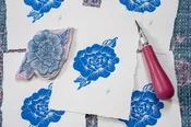 Still in Bloom – Blue Japanese Camellia Floral Linocut Print