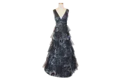 Deep V-Neck Printed Tulle Tiered Gown