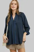 3/4 PUFF SLEEVE HIGH STAND V-NECK COLLAR TOP - NAVY