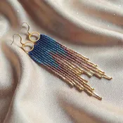 Beaded long Fringe Hoop earrings, blue to champagne ombre