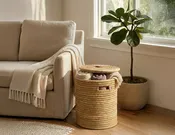 100% Handwoven Natural Rattan Approximately 16-18" Round Basket with Lid & Wooden Handle, Boho Farmhouse Decorative Laundry & Storage Organizer, Handcrafted – Authentic African Craftsmanship