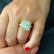 Asscher Cut Moissanite and Round Cut CVD Diamonds Bezel Engagement Ring Halo Ring For Her Filigree 14k Solid and Heavy Yellow Gold 4.60