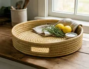 100% Handwoven Natural Rattan 17.5" Round Serving Tray, Boho Farmhouse Kitchen, Dining & Home Decor, Handcrafted - Authentic African Craftsmanship