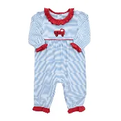 Itsy Bitsy Baby Girl Light Blue Firetruck Romper with Red Ruffle Trim