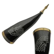12-14 inch Fenrir Horn - Buffalo Horn with Engraved Wolf and Brass Accents
