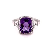 14 Karat White Gold Amythest with Diamond Halo Ring Size 6.5, Am=3ct, 36Dias=.21tw GH/SI