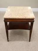 ANTIQUE MAHOGANY END TABLE, SQUARE MARBLE TOP