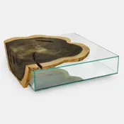 Crosscut Wood Weathered Finish Glass Box Coffee Table