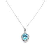 14K White Gold Blue Topaz Diamond Morrocan Oval Pendant Necklace