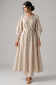 Beige Belted Kaftan Style Cotton Kurta Set