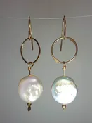 14K Gold Filled Handmade earrings circle fresh water pearls hanging down