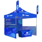 10’x10′ Premium HexAluminum Frame, Dye Sub Canopy, 3 Walls, Two 9′ Feather Flags & 6′ Table Cover