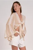 3/4 Bell Sleeve Tie Front Top - Tan White Kenya