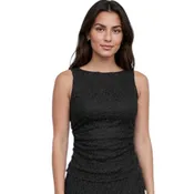 Black Boat Neck Lace Sleeveless Ruched Side Knit Top