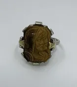 Antique Ladies Carved Tigers Eye Two-Tone 14k Ring Soldiers Head Yellow Accents
