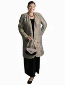 Dragon Lady Coat Taupe Blue Embroidered Jeweled Silk Size 14-16
