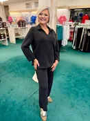 BLACK JOHNNY COLLAR V-NECK KNIT TOP