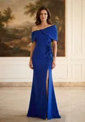 Asymmetric Twist Neck Evening Gown with 3D Flowers