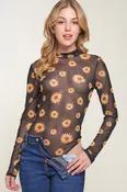 BZ7043 | Printed Long Sleeve Mock Neck Mesh Casual Bodysuit