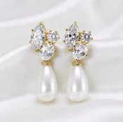 Alexia - Bridal Pearl Drop Earrings - Silver & Gold