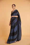 Black and Navy Blended Linen Engineered Paneled Saree