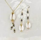 Cowry Shell Necklace & Earrings Matched Set with Accent Beads