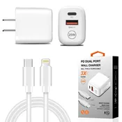 20W PD Dual Ports Travel Wall Charger Adapter Fast Charging with 4FT USB-C To 8-PIN Cable WC2IN1-PD8PWH