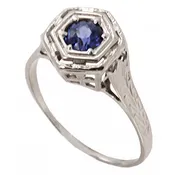 Art Deco Natural Sapphire 14k White Gold Filigree Ring