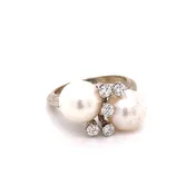 0.40ct Natural Diamond & 9.25mm Twin Cultured Pearl Vintage Dinner Ring 14k White Gold