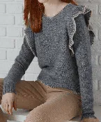 Blanket Stitched Crew Ruffle Sweater