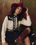 Stetson & THE GREAT. The Color Block Embroidered Western Shirt. -- Cream with Black