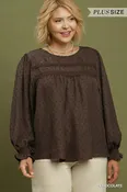 Curvy Chocolate Swiss Dot Lace Yoke Blouse