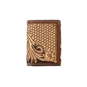 3D Men's Tan Hand Tooled Floral Basketweave Trifold Style Wallet