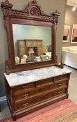 Antique Victorian Marble Top Dresser With Carved Wooden Mirror Frame