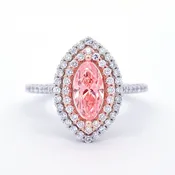 Fancy Vivid Pink 0.93 Carat Marquise Diamond Double Halo Engagement Ring 1.57 CTW in 18K White & Rose Gold