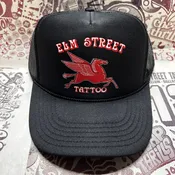Elm Street Tattoo Pegasus Logo Graphic Printed Black Trucker Hat — Oliver Peck's Anchor Screen Printing  Dallas Texas