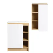 24" Bathroom Vanity With Sink & Wall Mounted Side Cabinet, Vanity Set With Thin Edge Sink, Interchangeable & Door Panels, Open & Hidden Storage - Black / Light Oak / White