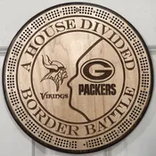 “House Divided, Border Battle” MN Vikings &amp; Green Bay Packers Cribbage Board | 3-Track, 120-Point Round Game with Pegs & Cards