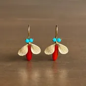 14k Gold & Coral Bejeweled Bug Earrings with Turquoise Eyes